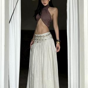 Bo Xi Women's New Summer Soft White A-line Skirt, Slim Low Waist Long Skirt retro holiday style Beachwear that makes you look slim