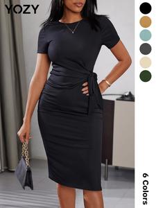 YOZY Minimalist Bow Decor Dress/ Casual Plain Chic Comfort Crewneck Shortsleeve Midi Bodycon Dress, Women's Party Holiday Wear for Spring & Summer Curvy Holiday Outfits, Summer Dresses 2025, Womenswear