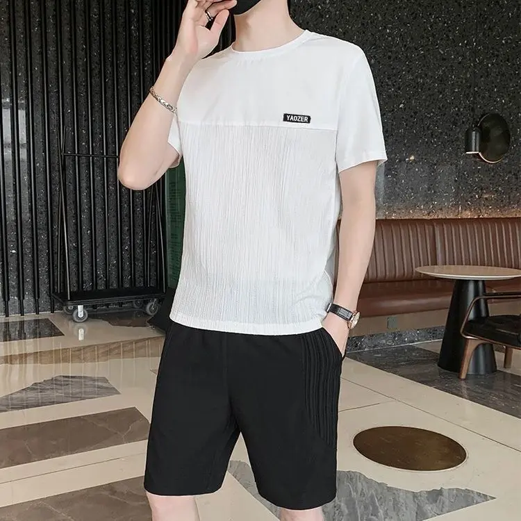 Bộ Đồ Lụa Lạnh Mùa Hè, Dành Cho Nam Giới, Áo Phông Và Quần Đùi, Dáng Rộng Vừa Vặn, Phong Cách Thường Ngày Mỏng, Thích Hợp Cho Giới Trẻ, Thể Thao, Nhanh Khô, Thoáng Khí, Bộ Đồ Hai Mảnh 5