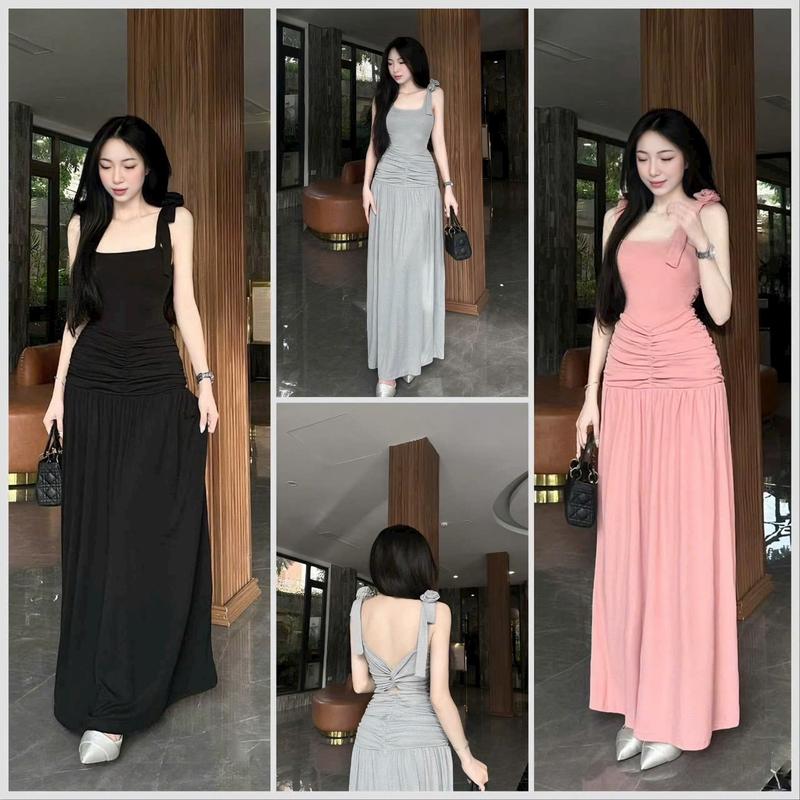 Đầm body nhún dáng dài hai dây cột nơ vai xoắn hở lưng chất thun tăm lạnh duyên dáng thích hợp đi tiệc đi chơi H Nữ Women Nhung Dress Đen