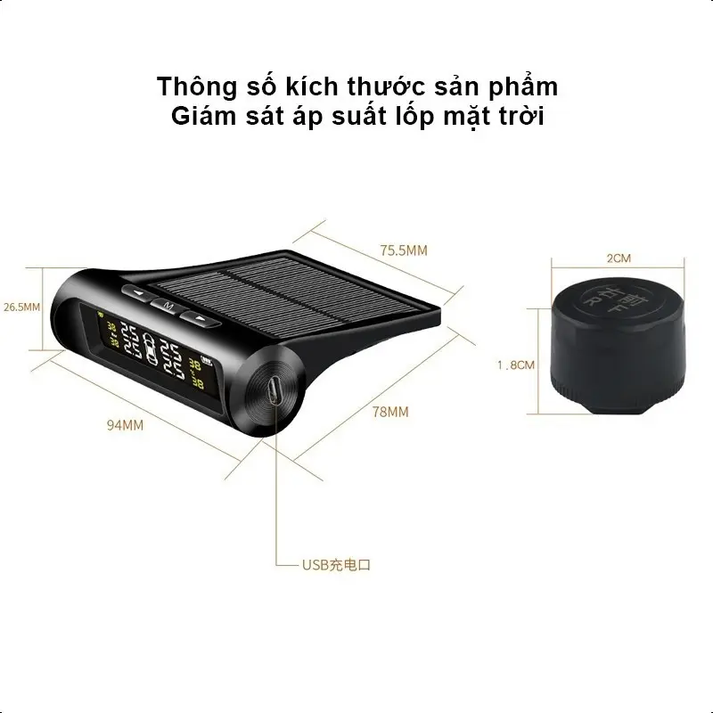 Cảm Biến Áp Suất Lốp Ô Tô,Xe Hơi Gắn Ngoài Cao Cấp,Pin Sạc Năng Lượng Mặt Trời, Màn Hình LCD CZ11 8