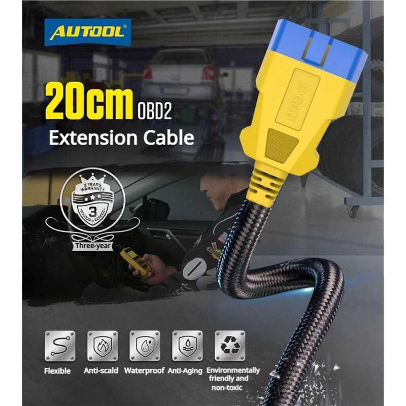 Product Introduction of AUTOOL 20CM OBD Extension Cable Male to Female One-to-One Nylon Extension Cable Automobile OBD 2 Interface 16 Cores 1