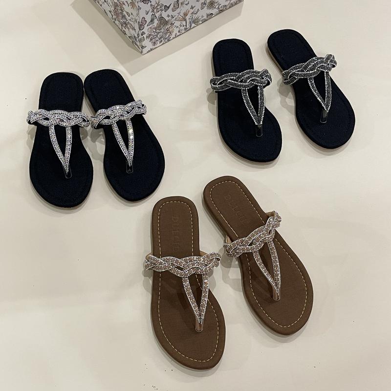  Dulcie Dép Kẹp Nữ Mũi Tròn Dây Đá Lồng Quai Đan Đan Rết Lạ Mắt Đá Sáng Êm Chân Đế Chống Trơn Trượt Chân To Dày Tăng Size 