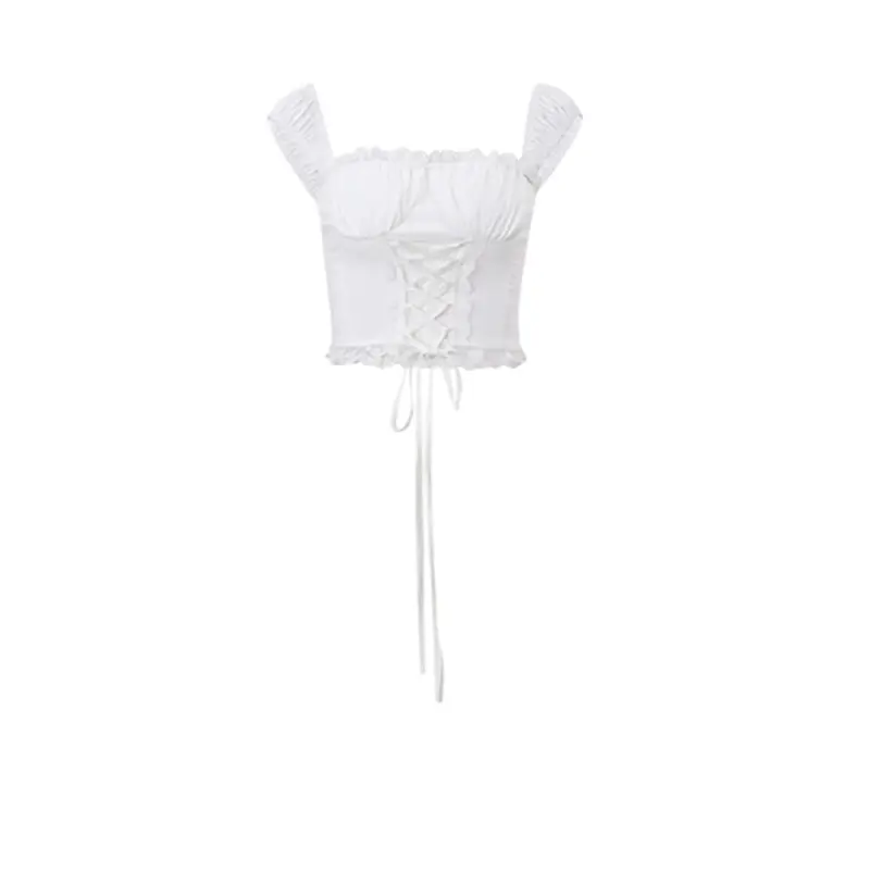 Women's Summer Fitted Crop Tops White Square Neck Lace Trim Front Tie Up Party Tops