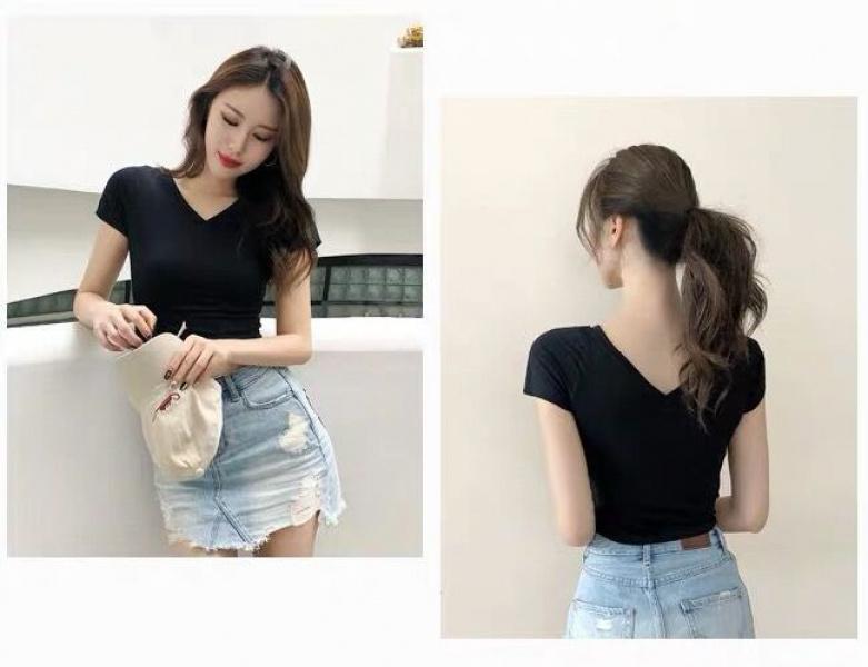 Product Introduction of Front and Rear Large Double V-neck Mouth Chicken Collar Student High Waist Midriff-Baring Backless Bottoming Shirt Short Sleeve T-shirt Women's Doublet 14