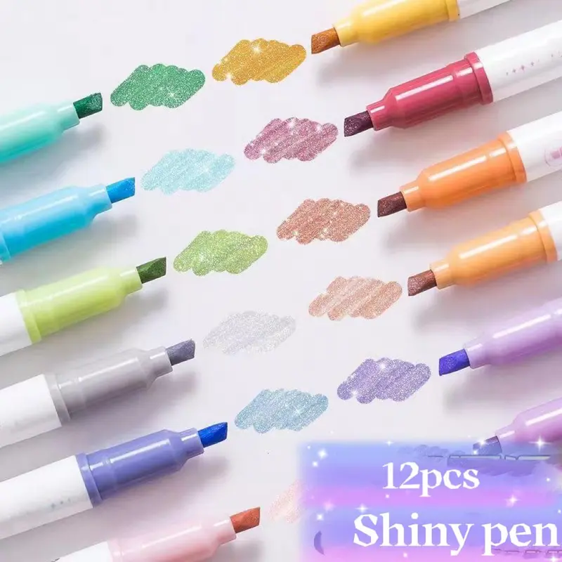 Glitter Marker Pen, 12pcs Shiny Highlighter Pen, Colored Pen for Coloring Book, Drawing, Doodling, Scrapbook, Journaling 6