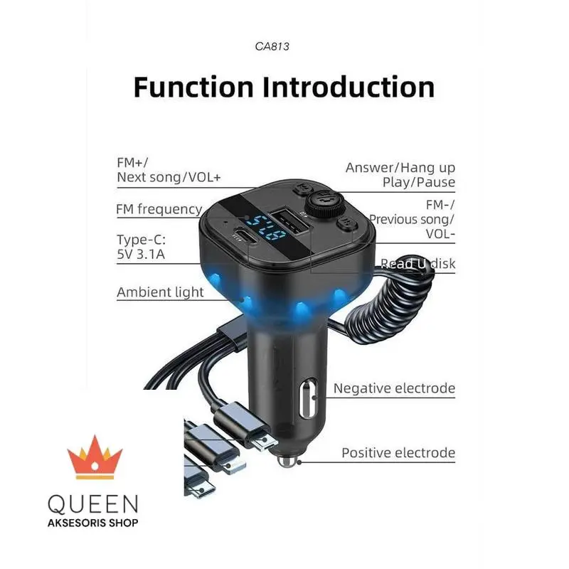 LENYES Bluetooth FM Transmitter 5.3 Car Charger Dual Port with 3IN1 Cable + Microphone CA813 7