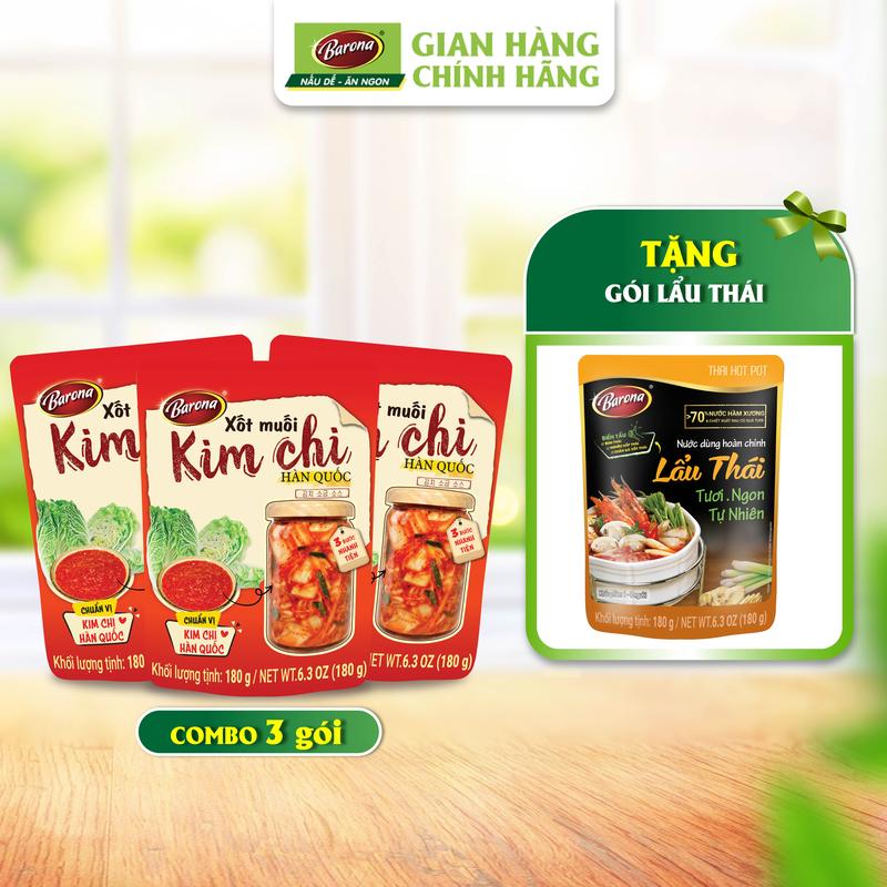 Combo 3 Gia Vị Xốt Muối Kim Chi Hàn Quốc Barona 180g [Tặng 1 gói Nước Dùng Lẩu Thái Barona 180g]