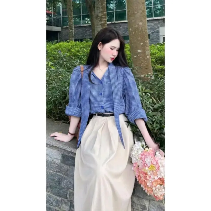 Sét bộ váy 3 món Nữ chất cotton lạnh dáng dài xòe maxi thiết kế áo sơ mi dài tay cột nơ cổ kèm đai lưng tiểu thư xinh đẹp mặc đi chơi hẹn hò ăn uống Văn phòng thanh lịch  Women Dress 3