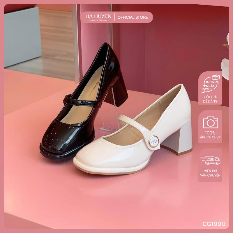 Giày cao gót nữ, giày mary jane HÀ HUYỀN da bóng mép nổi nút Miu viền vàng gót vuông 6cm - CG1990