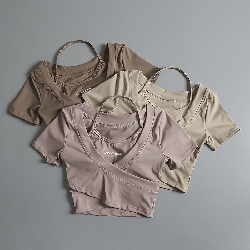 Product Introduction of Áo Crop-Top, dành cho nữ, ngắn Tay, bó sát, hai mảnh giả, thích hợp cho tập luyện, chạy, tập luyện, Yoga, áo phông với đệm ngực 4