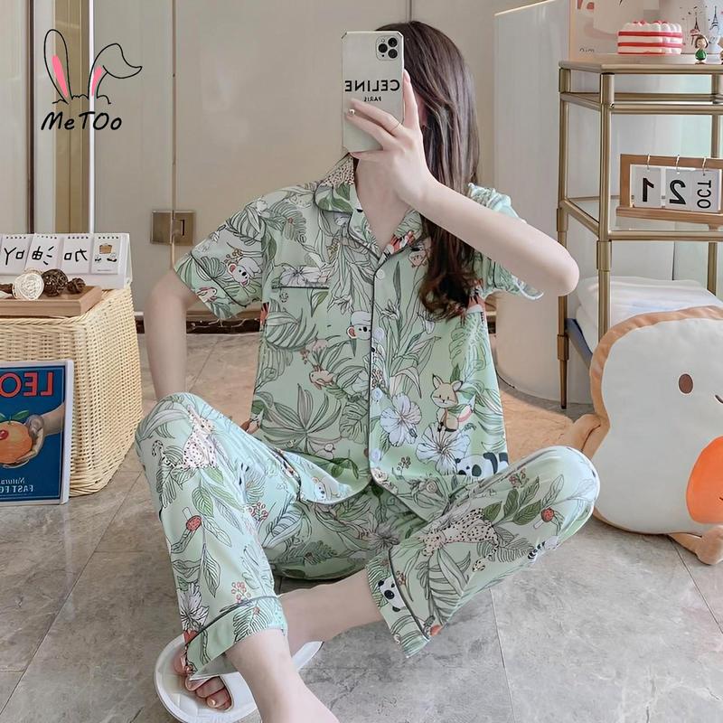 Bộ Đồ Ngủ Pijama Cotton, MeToo, Thiết Kế Thời Trang Mới, Quần Áo Đồ Ngủ Cho Nữ, Quần Áo Đồ Mặc Ở Nhà, Vải, Cổ Áo Có Cúc, Thêu, Phong Cách Quần Và Áo Sơ Mi Hàn Quốc, Đồ Lót, Đồ Mặc Nhà Cho Nữ, Quần Dài, Bộ Đồ Ngủ, Pjs 7