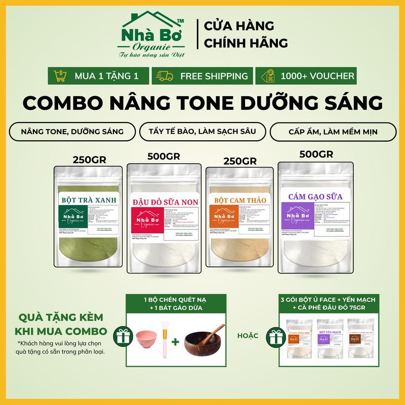 [MUA 1 TẶNG 1] Combo 4 gói [500g Đậu Đỏ Sữa Non + 250g Trà Xanh + 250g Cam Thảo + 500g Cám Gạo Sữa] - Giúp dưỡng trắng da mặt và body | Nhà Bơ Organic