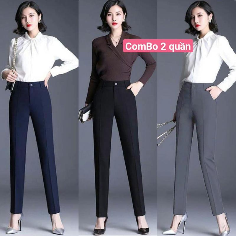 COMBO 2 Quần Tây Nữ Baggy Lưng Cao Dáng Dài 1 Cúc 2 Túi Chất Tuyết Mưa Tôn Dáng Công Sở Đi Học Quần Vải Nữ Cạp Cao Màu Đen Xám Xanh Than Ống Đứng Pants Women Ong Thun