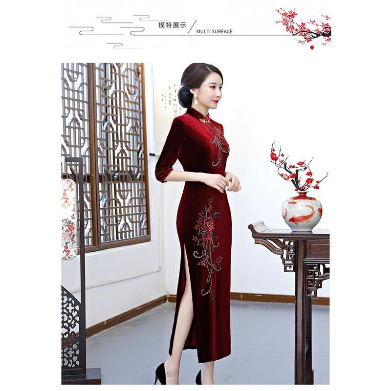 Váy Cưới Sườn Xám, Cao Cấp, Nhung Vàng, Thêu, Thích Hợp Cho Phụ Nữ Trung Người Già Và Cao Tuổi, Váy Xẻ Tà Bó Ôm Sát Hàng Mới Về, Thích Hợp Cho Mùa Xuân Và Mùa Thu 6