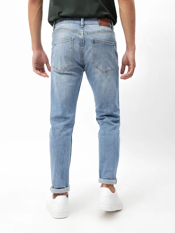 Quần Jean Nam Xanh Trơn, Form Slim Crop , Vải Denim , Dày Dặn , Thỏa Mái 3