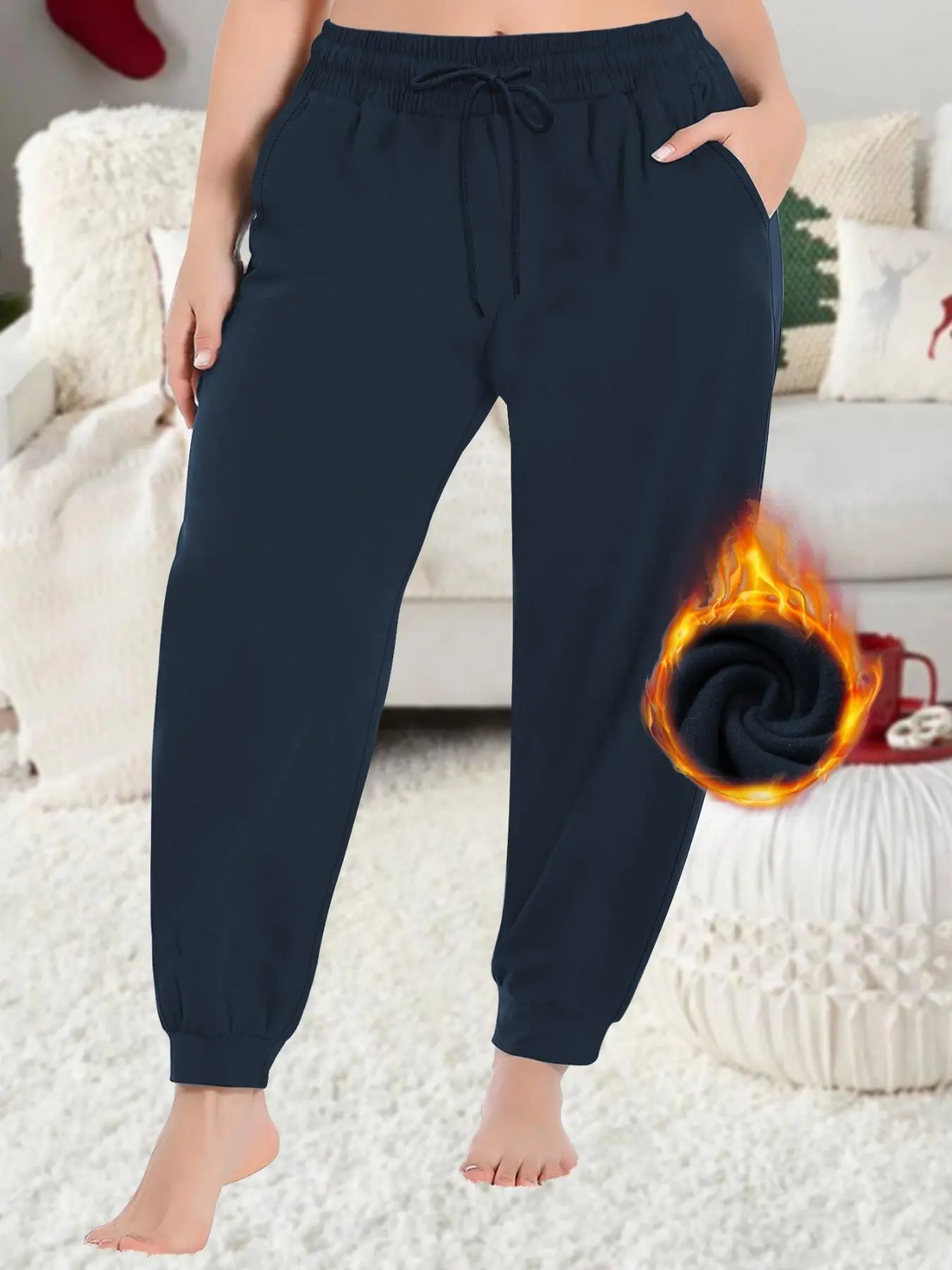 【Plus Size】 Solid Drawstring Waist Sweatpants, Casual Elastic Waist Pocket Jogger Pants for Women, Women's Trousers for Fall & Winter