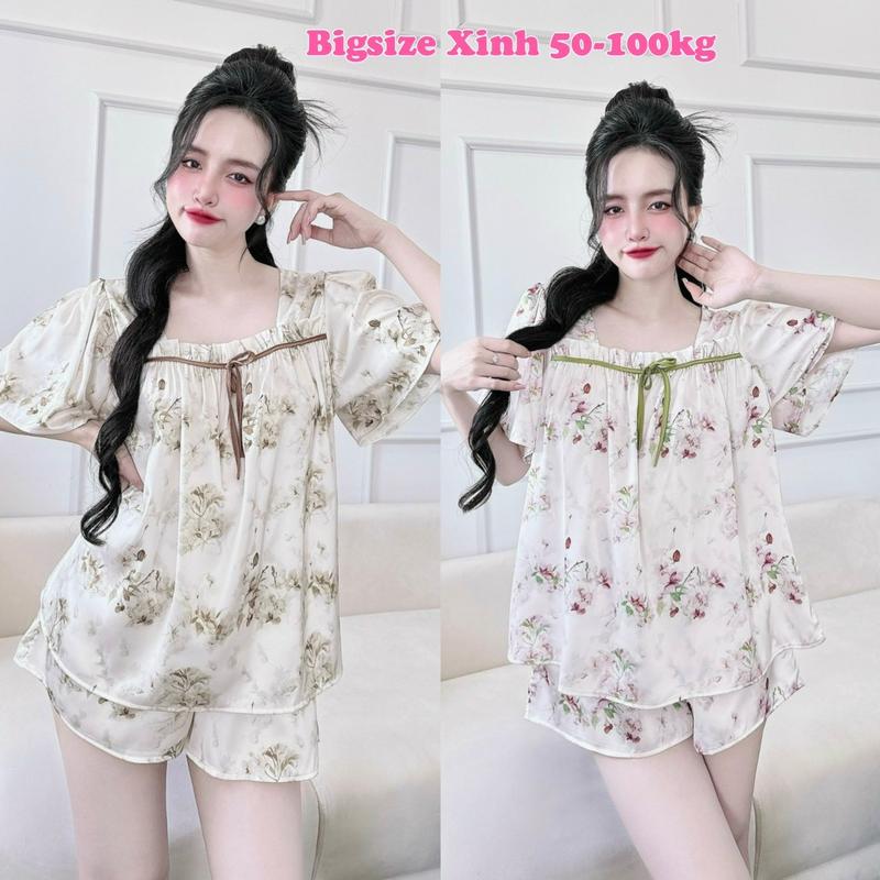  Bộ lụa mặc nhà  đồ bộ  bigsize nữ  form tiểu thư cổ vuông tay bồng bigsize Xinh 5O-1OOkg chất lụa băng QC cao cấp mềm mát đầy màu sắc cỡ lớn cộng 