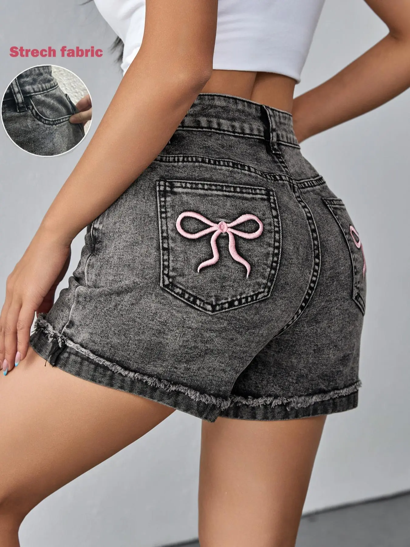 Women's Bow Embroidery Denim Shorts, Casual Vintage Shorts for Daily Wear, Ladies Bottoms for Summer, Womenswear