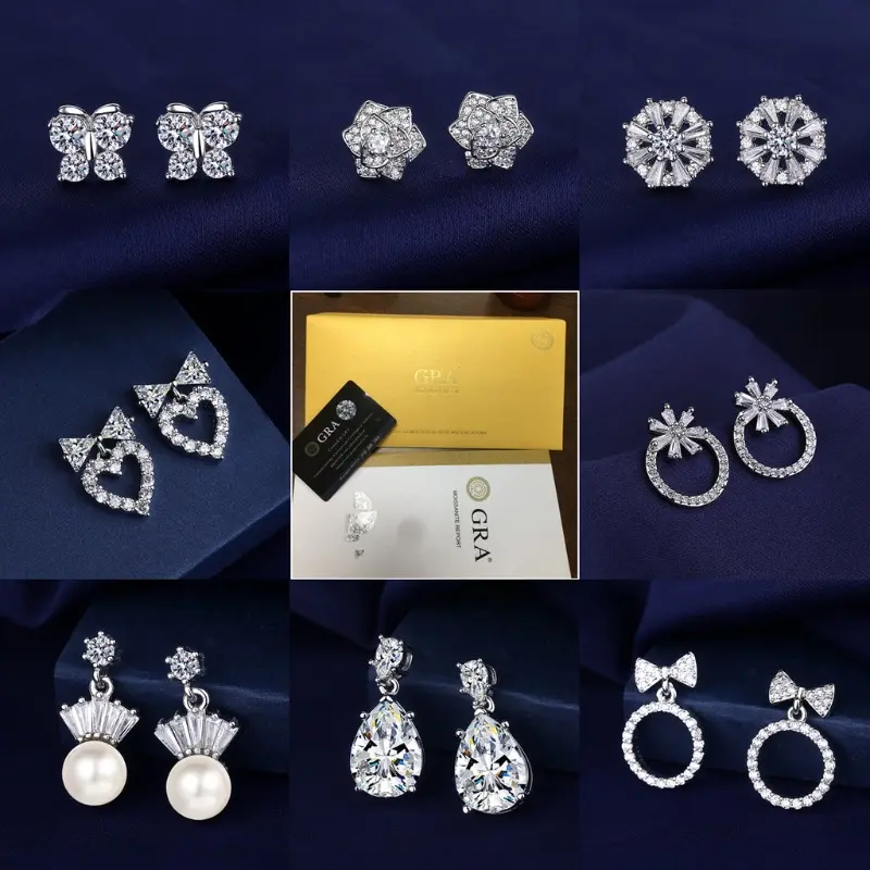 [with Gra Certificate] Moissanite Colorful Crystals Stud Earrings Elegant White S925 Silver Colored Gems Earrings Fashion Ornament