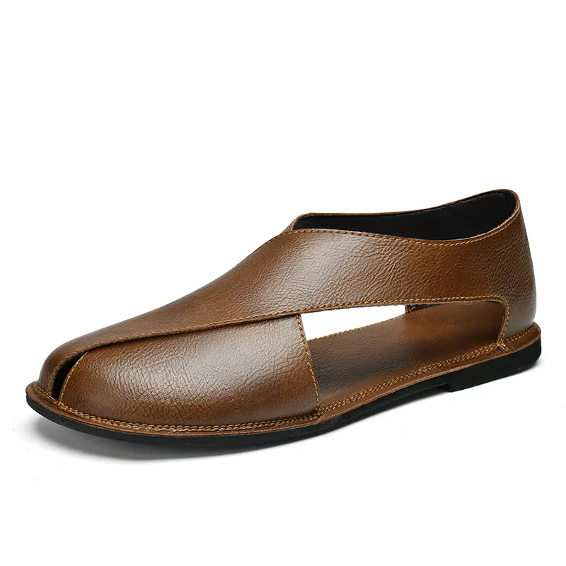 Cowhide Men's Sandals Summer Men's Beach Shoes Closed Toe Fashion Trendy Sandals Roman Breathable Non-Slip Sandals for Men