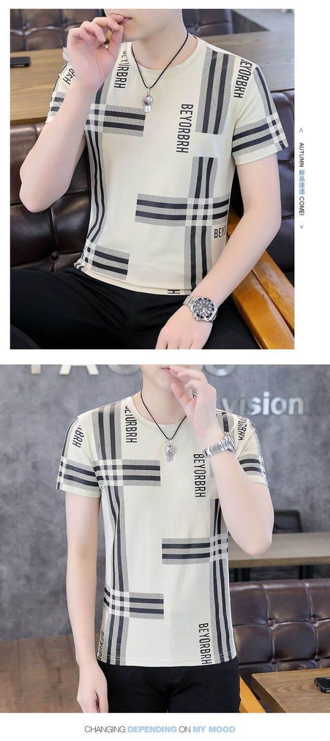 Product Introduction of High-End Ice Silk Short Sleeve T-Shirt Men's Slim Fit round Neck Youthful Summer Casual Shirt Thin Fabric Collision Color 13
