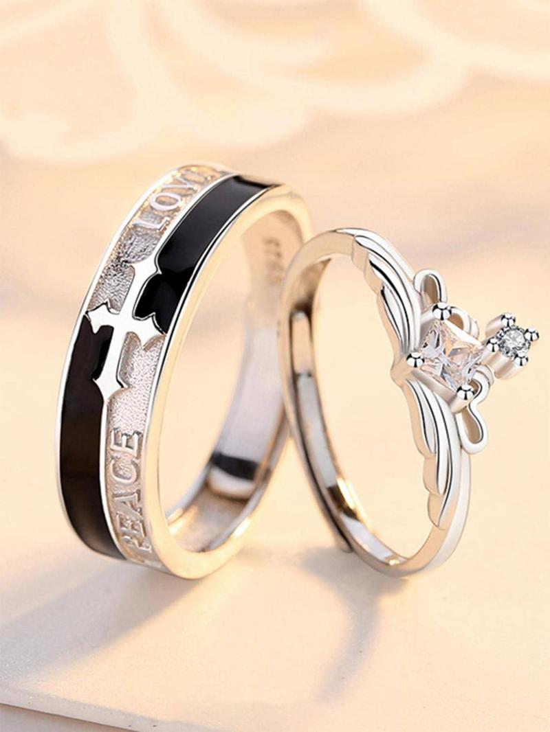 Product Introduction of Fashion Cross & Letter Design Couple Ring (1 Pair), Elegant Rhinestone Decorated Couple Ring, Couple Jewelry for Daily Decoration, Valentine's Day, Gift 6