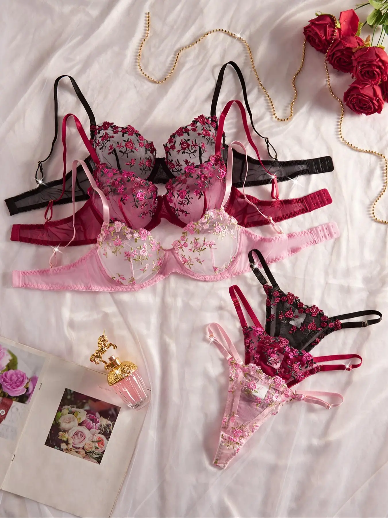 Women's Floral Embroidery Sheer Bra & Thong Set, Sexy Adjustable Strap Backless Bra & Panty Set, Lingerie Set for Women