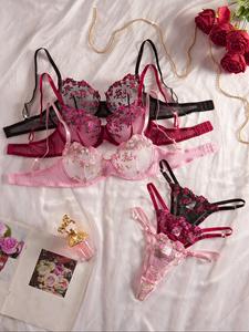 Conjunto de sujetador y tanga transparente con bordado floral para mujer, conjunto de sujetador y braguitas con tirantes ajustables y espalda descubierta, conjunto de lencería para mujer