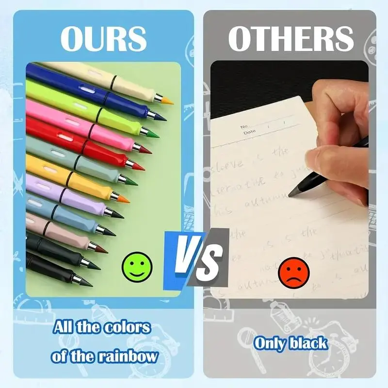 12 Colors Forever Pencil with Eraser, 12pcs Long Lasting Writing Infinity Pencil, Never Sharpen Everlasting Inkless Pencil for Sketch, Drawing 3
