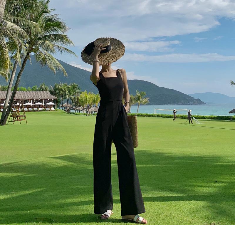 Product Introduction of Jumpsuit Women'S Black High Waisted Wide Leg Open Back Style Jumpsuit Loose Straight Leg Strap Pants 36
