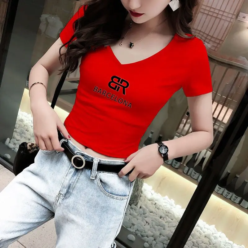 Áo Thun ngắn Tay Áo Crop-Top, Áo Crop Top Cạp Cao In Họa Tiết Mới 2024 Cho Nữ, Dáng Ôm Mùa Hè, Áo Thun Khoét Lỗ Eo Gợi Cảm Women Cổ Tròn