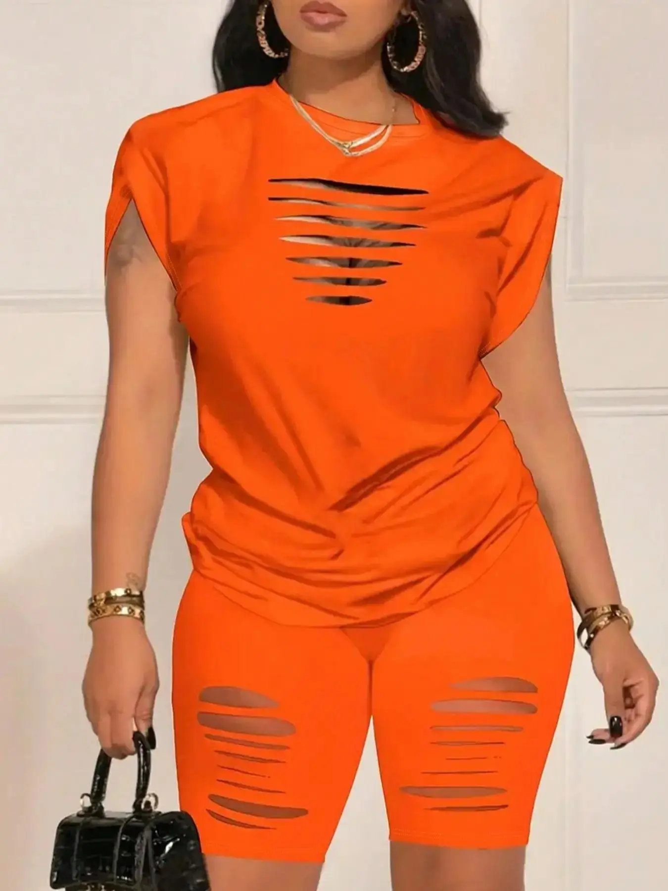 Two-Piece Set Women's Plain Ripped Two-Piece Set, Casual Ruched Tee & Skinny Shorts, Ladies Clothes for All Seasons Daily Wear