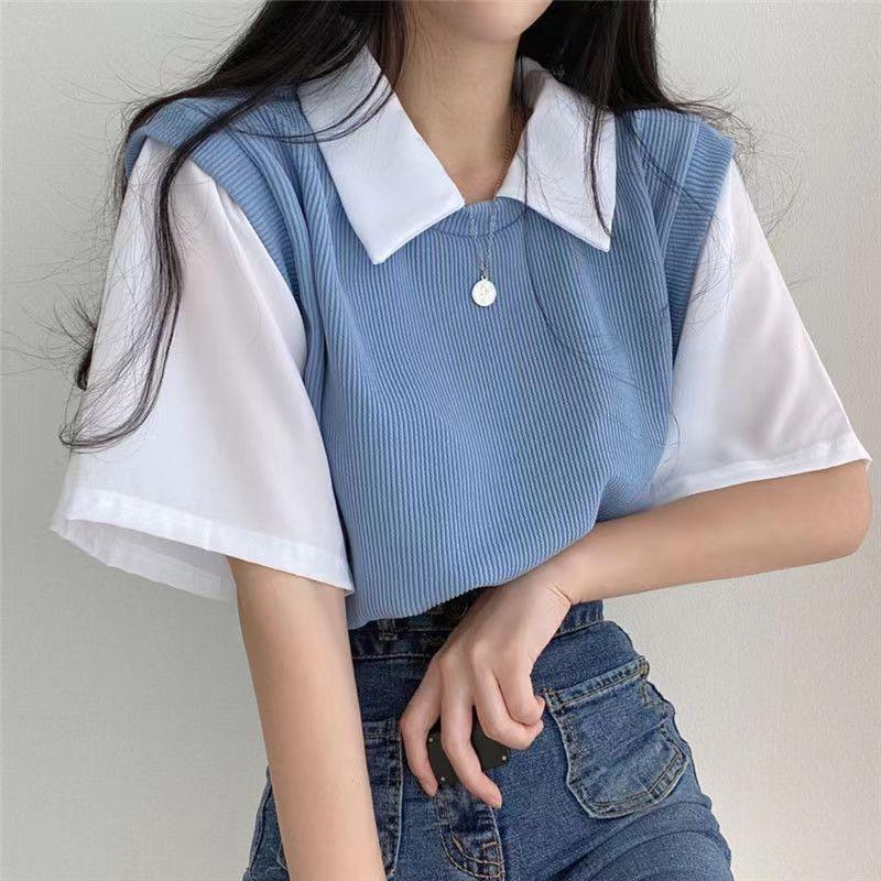 Product Introduction of Áo Phông Ngắn Tay, Phong Cách Preppy, Ve Áo Polo Mùa Hè, Hai Mảnh Giả, Màu Tương Phản, Dáng Rộng Vừa Vặn, Áo dễ phối đồ Đi Chơi Dành Cho Nữ, Phong Cách Ins 9