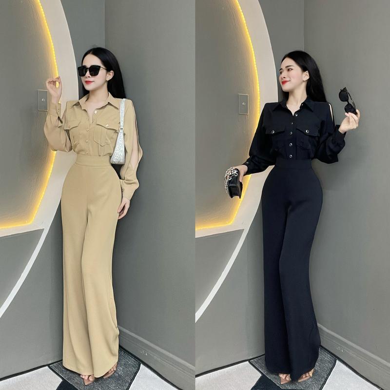 T1545 Set Bộ Thiết Kế EMME Nữ Công Sở 2 Món Gồm Áo Sơ Mi Phối Túi Tay Dài Xẻ Cách Điệu Và Quần Tây Ống Suông - Thanh Tự