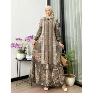 Naya Batik - Gamis Twill Ori Pekalongan Busui Friendly Dress Muslim Wanita Motif Batik Tanpa Sablon Lengan Karet Rempel Bawah Tali Samping Full Kancing Katun Rayon