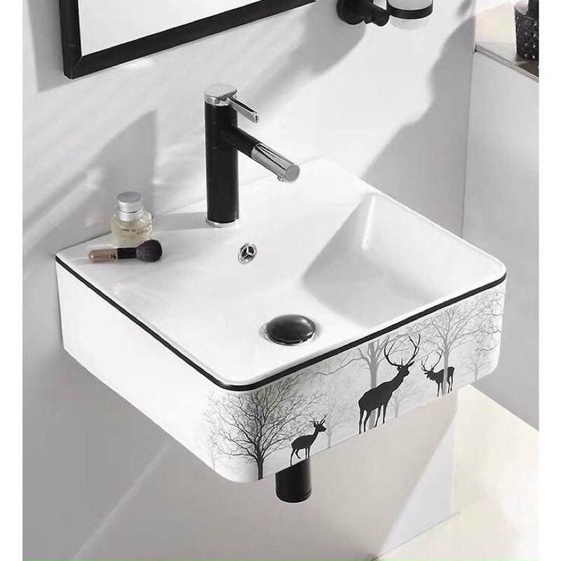 Chậu rửa mặt lavabo hoa văn TREO TƯỜNG hay Đặt Bàn Đá VUÔNG CON HƯƠU TREO TƯỜNG, men NANO trắng sáng chống bám bẩn