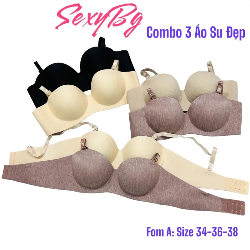 Combo 3 Áo Lót Nữ Su Nhung Vân Xước Thái Sang Trọng Cup Ngang Đệm 2 Phân Bra Nữ Kem Voi Voan 0