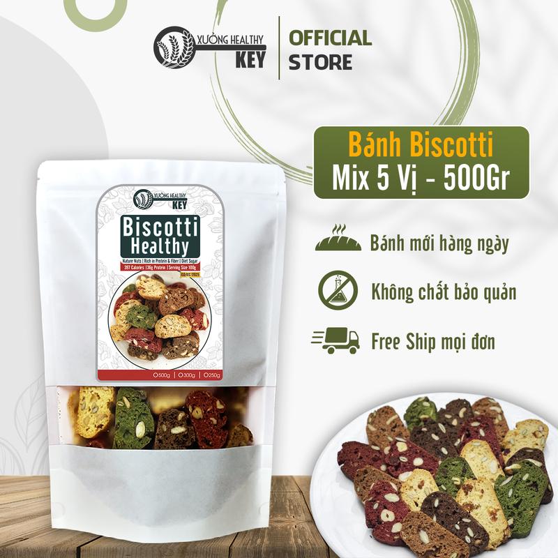 Bánh Biscotti nguyên cám Healthy Key - 500gr Mix 5 vị - Vani, Cacao, Matcha, Dâu tây, Cam quế - Bánh Quy ăn vặt Thức Ăn Snack Food biscotti