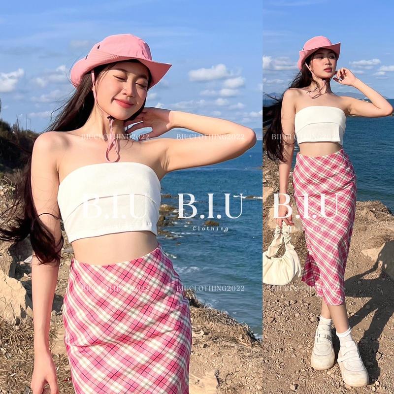 Set áo croptop lật lai chân váy đuôi cá họa tiết caro Una Set BIU Clothing BB0085 Nữ Kem Women Nhung