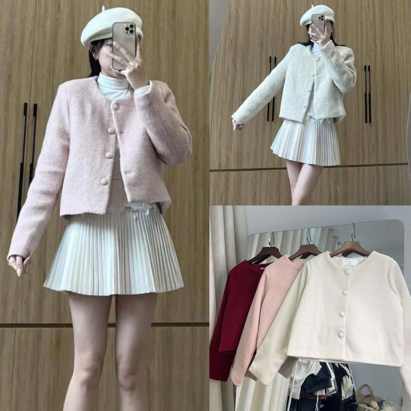 Áo dạ nữ A.685 Áo dạ lông lửng dài tay cổ tròn lông mềm 2 lớp basic phối cúc bọc phong cách dễ thương - Shop Chấm Bi