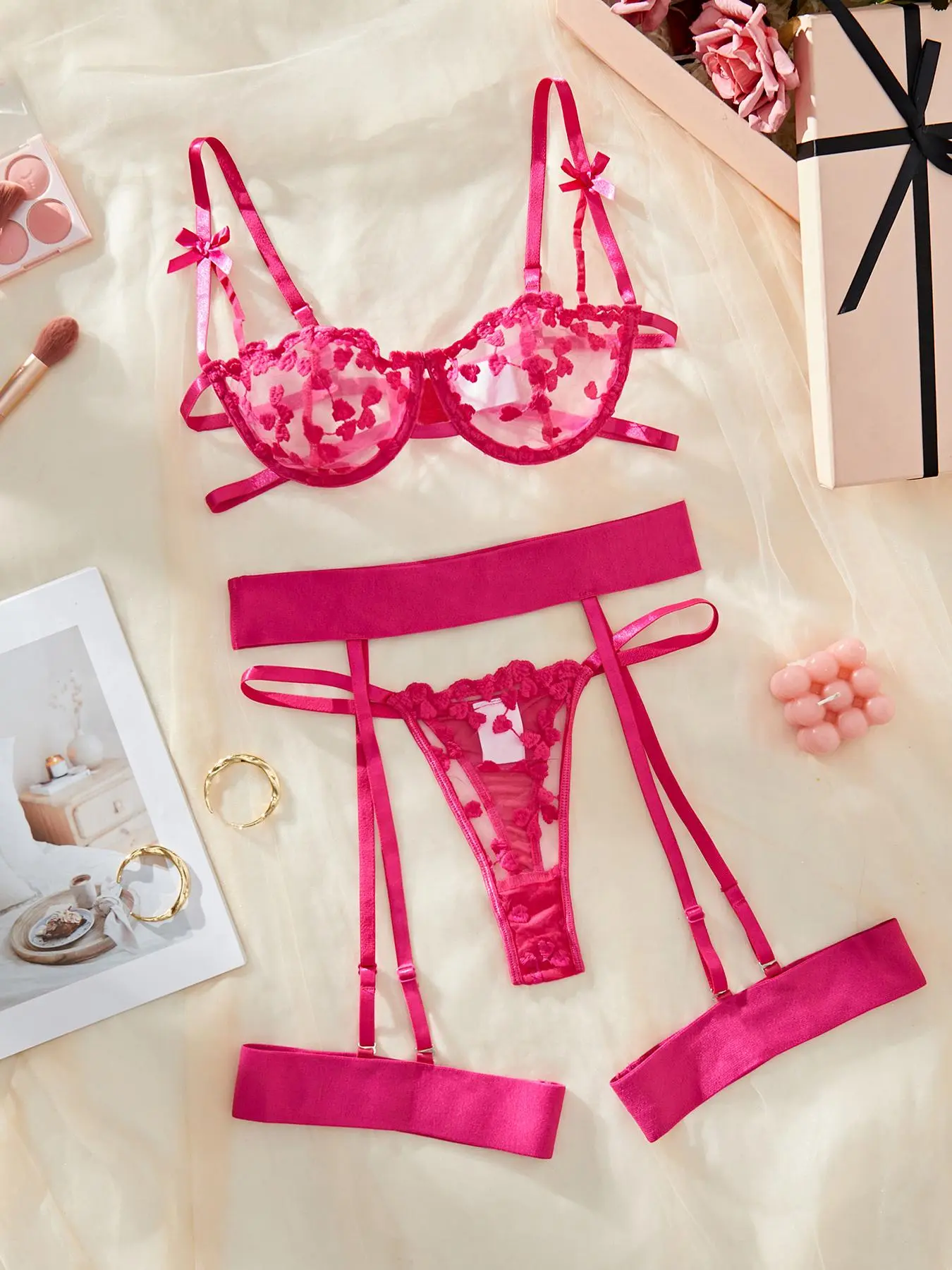 Women's Heart Embroidery Sheer Sexy Mesh Lingerie Set, Naughty Lingerie, Bow Decor Underwire Bra & Thong & Garter Belt Set, Lingerie Set for Women Valentine's Day, gift
