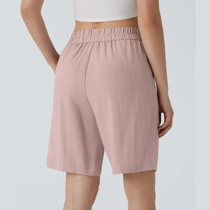 Halara High Waisted Side Pocket Casual Linen-Feel Bermuda Shorts 1