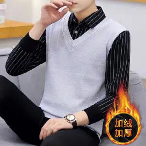 Not Fleece-lined/Fleece-lined Autumn and Winter Men's Youth Top Sweater Warm Thickened Sweater Fake Two Pieces Shirts Men 7