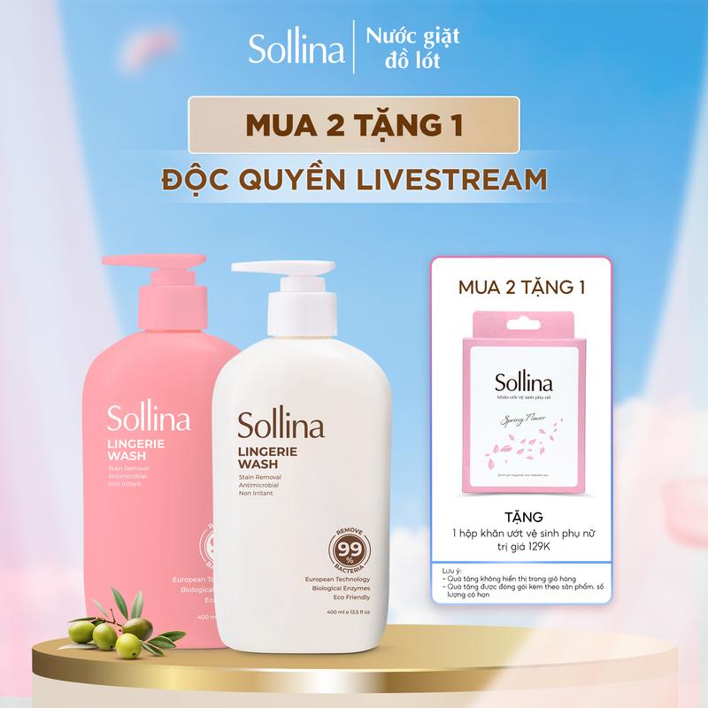 [MUA 2 TẶNG 1] Combo 2 Nước Giặt Đồ Lót Chuyên Dụng Sollina 400Ml/Chai Hỗ trợ Làm Sạch & Kháng khuẩn + TẶNG 1 Hộp Khăn Ướt Vệ Sinh Phụ Nữ Ngẫu Nhiên