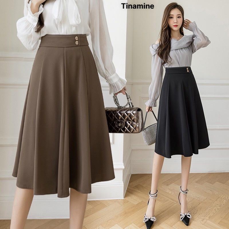 Chân váy công sở dáng dài dáng váy midi chữ A xòe thu đông chất tuyết mưa phối 2 cúc phong cách lịch sự dài váy 65cm.