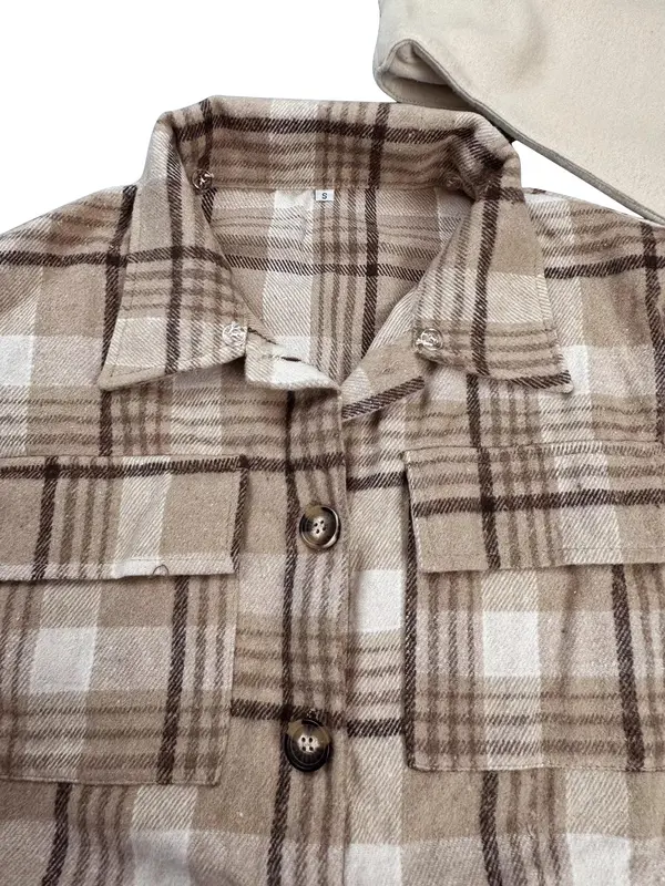 Women's Plaid Print Flap Pockets Button Front Hooded Overcoat, Casual Fitted Drop Shoulder Hooded Coat for Fall & Winter, Women's Clothing, Please Purchase A Size Up 2