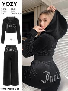 YOZY Women's Rhinestones Letter Pattern Zip Up Drawstring Jacket & Pants Velvet Set, Casual Fashion Two-piece Outfits for Daily Outdoor Wear, Women Clothes for Fall & Winter