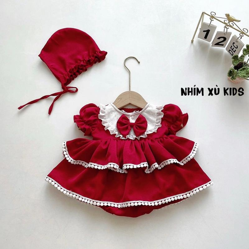  3-12kg  Body Váy Đỏ Đô NHÍM XÙ KIDS Cho Bé Gái Sơ Sinh Đầy Tháng Thôi Nôi Chất XÔ MUSLIN B126 