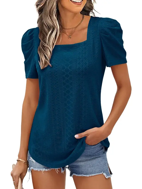 Women's Plain Eyelet Embroidery Puff Sleeve Tee, Fashion Casual Short Sleeve Square Neck T-shirt for Summer, Women's Top for Daily Wear, Womenswear 0